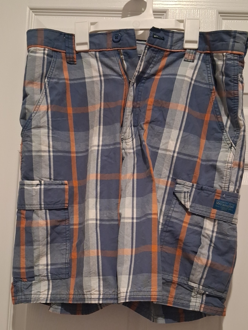 Wrangler Men’s Blue and Orange Plaid Cargo Shorts